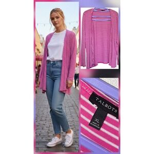 Talbots Cardigan Sweater Hot Pink Stripped size Xl Lyocell Wick Lightweight